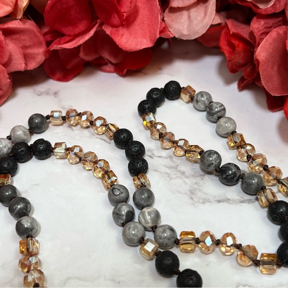 Stunning Natural Stone Beaded Necklace with Gold Dipped Gray Agate Pendant - Picture 5 of 16